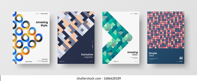 Business presentation vector A4 vertical orientation front page mock up set. Corporate report cover abstract geometric illustration design layout bundle. Company identity brochure template collection.