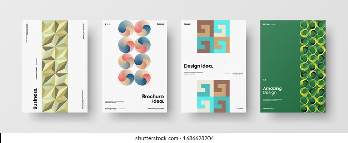 Business presentation vector A4 vertical orientation front page mock up set. Corporate report cover abstract geometric illustration design layout bundle. Company identity brochure template collection.