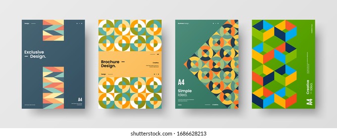 Business presentation vector A4 vertical orientation front page mock up set. Corporate report cover abstract geometric illustration design layout bundle. Company identity brochure template collection.