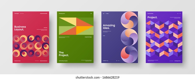 Diseño de presentación de negocio vectorial orientación vertical primera página maqueta conjunto. El informe corporativo cubre el paquete de diseño de ilustración geométrica abstracta. Colección de plantillas de folleto de identidad de la empresa.