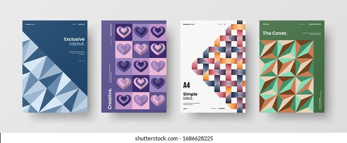 Business presentation vector A4 vertical orientation front page mock up set. Corporate report cover abstract geometric illustration design layout bundle. Company identity brochure template collection.