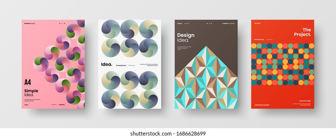 Business presentation vector A4 vertical orientation front page mock up set. Corporate report cover abstract geometric illustration design layout bundle. Company identity brochure template collection.