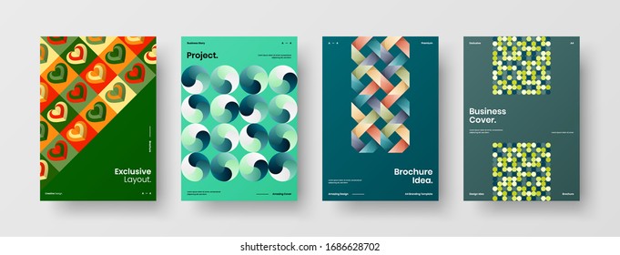 Business presentation vector A4 vertical orientation front page mock up set. Corporate report cover abstract geometric illustration design layout bundle. Company identity brochure template collection.