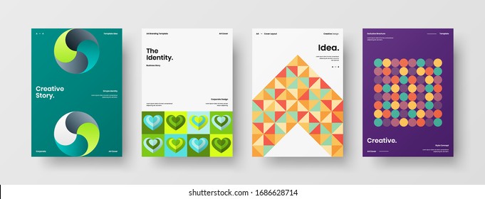 Business presentation vector A4 vertical orientation front page mock up set. Corporate report cover abstract geometric illustration design layout bundle. Company identity brochure template collection.