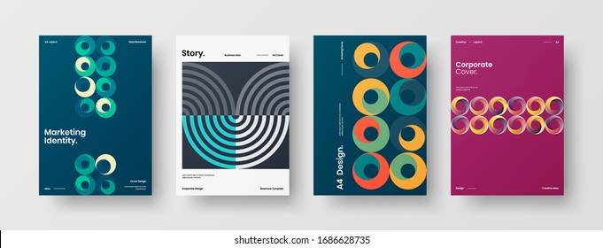 Business presentation vector A4 vertical orientation front page mock up set. Corporate report cover abstract geometric illustration design layout bundle. Company identity brochure template collection.