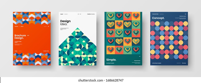 Business presentation vector A4 vertical orientation front page mock up set. Corporate report cover abstract geometric illustration design layout bundle. Company identity brochure template collection.