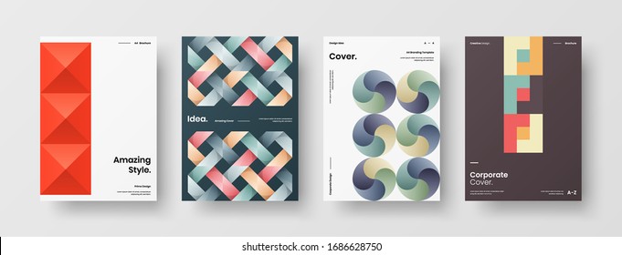 Diseño de presentación de negocio vectorial orientación vertical primera página maqueta conjunto. El informe corporativo cubre el paquete de diseño de ilustración geométrica abstracta. Colección de plantillas de folleto de identidad de la empresa.