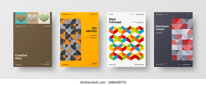 Business presentation vector A4 vertical orientation front page mock up set. Corporate report cover abstract geometric illustration design layout bundle. Company identity brochure template collection.