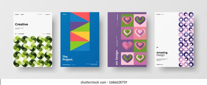 Diseño de presentación de negocio vectorial orientación vertical primera página maqueta conjunto. El informe corporativo cubre el paquete de diseño de ilustración geométrica abstracta. Colección de plantillas de folleto de identidad de la empresa.