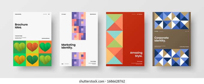 Business presentation vector A4 vertical orientation front page mock up set. Corporate report cover abstract geometric illustration design layout bundle. Company identity brochure template collection.
