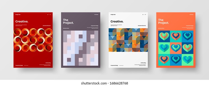 Business presentation vector A4 vertical orientation front page mock up set. Corporate report cover abstract geometric illustration design layout bundle. Company identity brochure template collection.