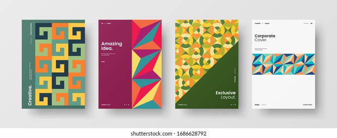 Business presentation vector A4 vertical orientation front page mock up set. Corporate report cover abstract geometric illustration design layout bundle. Company identity brochure template collection.