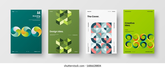 Business presentation vector A4 vertical orientation front page mock up set. Corporate report cover abstract geometric illustration design layout bundle. Company identity brochure template collection.