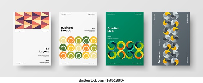 Business presentation vector A4 vertical orientation front page mock up set. Corporate report cover abstract geometric illustration design layout bundle. Company identity brochure template collection.