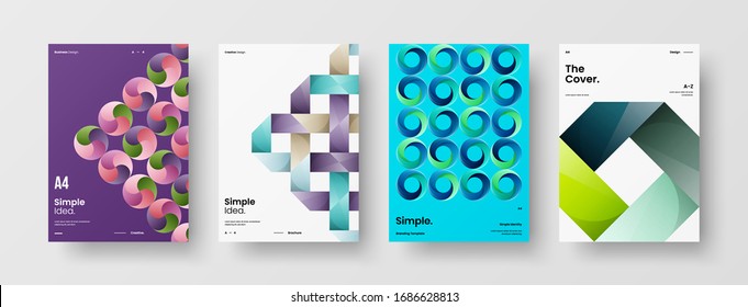 Business presentation vector A4 vertical orientation front page mock up set. Corporate report cover abstract geometric illustration design layout bundle. Company identity brochure template collection.