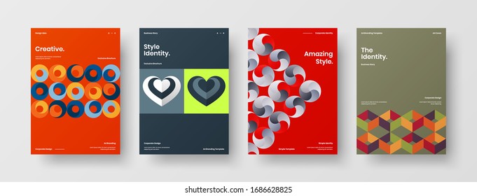 Diseño de presentación de negocio vectorial orientación vertical primera página maqueta conjunto. El informe corporativo cubre el paquete de diseño de ilustración geométrica abstracta. Colección de plantillas de folleto de identidad de la empresa.
