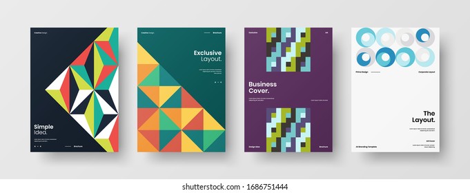 Business presentation vector A4 vertical orientation front page mock up set. Corporate report cover abstract geometric illustration design layout bundle. Company identity brochure template collection.