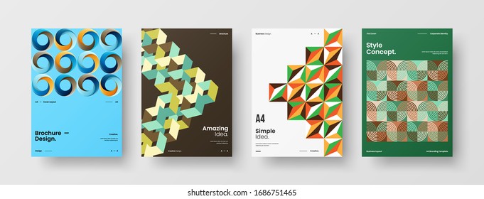 Business presentation vector A4 vertical orientation front page mock up set. Corporate report cover abstract geometric illustration design layout bundle. Company identity brochure template collection.