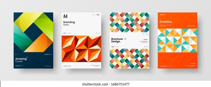 Business presentation vector A4 vertical orientation front page mock up set. Corporate report cover abstract geometric illustration design layout bundle. Company identity brochure template collection.