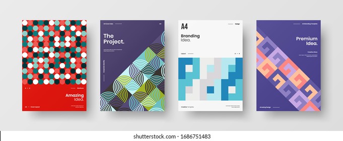 Business presentation vector A4 vertical orientation front page mock up set. Corporate report cover abstract geometric illustration design layout bundle. Company identity brochure template collection.