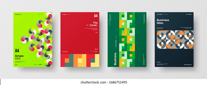 Business presentation vector A4 vertical orientation front page mock up set. Corporate report cover abstract geometric illustration design layout bundle. Company identity brochure template collection.