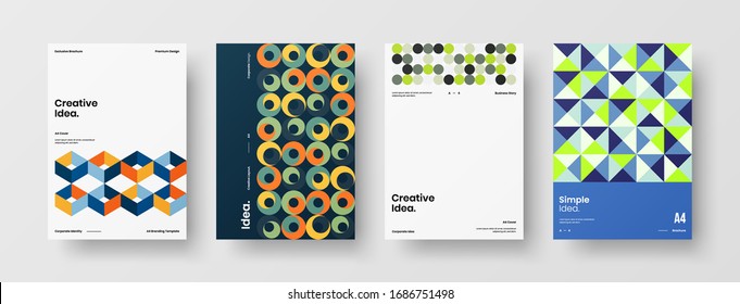 Business presentation vector A4 vertical orientation front page mock up set. Corporate report cover abstract geometric illustration design layout bundle. Company identity brochure template collection.