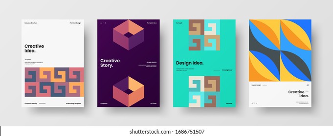 Business presentation vector A4 vertical orientation front page mock up set. Corporate report cover abstract geometric illustration design layout bundle. Company identity brochure template collection.