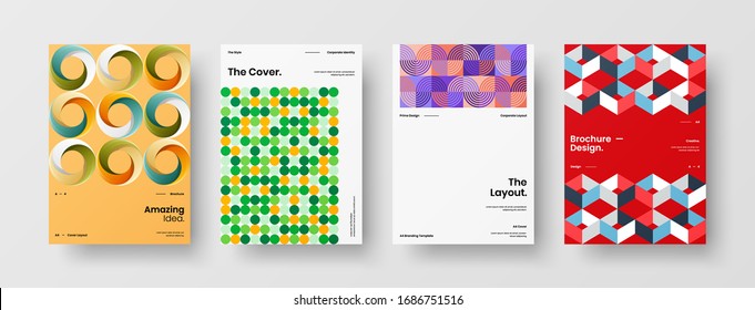 Business presentation vector A4 vertical orientation front page mock up set. Corporate report cover abstract geometric illustration design layout bundle. Company identity brochure template collection.