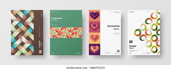 Business presentation vector A4 vertical orientation front page mock up set. Corporate report cover abstract geometric illustration design layout bundle. Company identity brochure template collection.