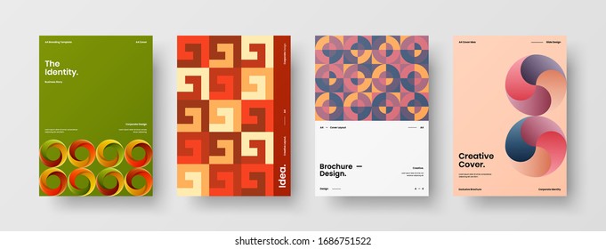 Business presentation vector A4 vertical orientation front page mock up set. Corporate report cover abstract geometric illustration design layout bundle. Company identity brochure template collection.