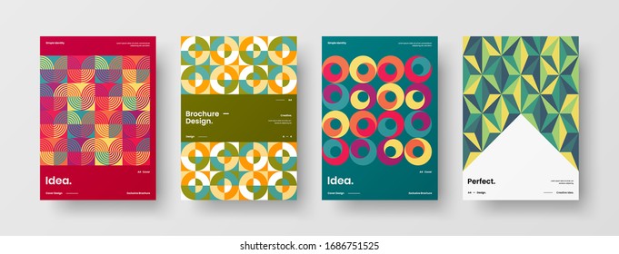 Business presentation vector A4 vertical orientation front page mock up set. Corporate report cover abstract geometric illustration design layout bundle. Company identity brochure template collection.