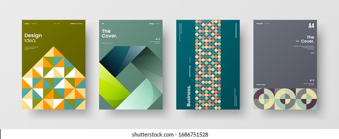 Vortragssatz der Vektorillustration A4 für vertikale Ausrichtung der Vorderseite. Corporate Report deckt abstraktes geometrisches Design-Layout-Paket für Illustrationen ab. Vorlage für Firmenidentitätsbroschüren