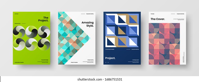 Business presentation vector A4 vertical orientation front page mock up set. Corporate report cover abstract geometric illustration design layout bundle. Company identity brochure template collection.