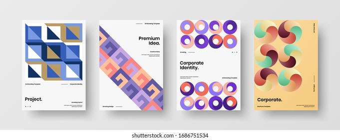 Business presentation vector A4 vertical orientation front page mock up set. Corporate report cover abstract geometric illustration design layout bundle. Company identity brochure template collection.