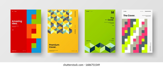 Business presentation vector A4 vertical orientation front page mock up set. Corporate report cover abstract geometric illustration design layout bundle. Company identity brochure template collection.
