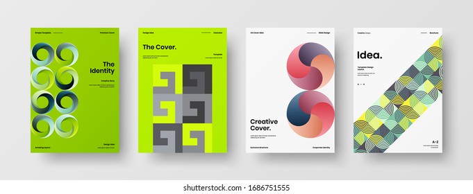 Business presentation vector A4 vertical orientation front page mock up set. Corporate report cover abstract geometric illustration design layout bundle. Company identity brochure template collection.