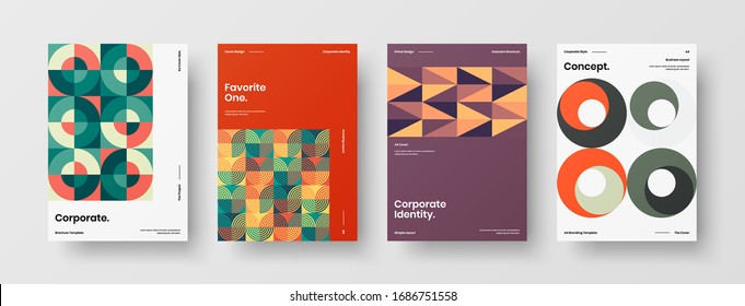 Business presentation vector A4 vertical orientation front page mock up set. Corporate report cover abstract geometric illustration design layout bundle. Company identity brochure template collection.