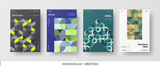 Business presentation vector A4 vertical orientation front page mock up set. Corporate report cover abstract geometric illustration design layout bundle. Company identity brochure template collection.