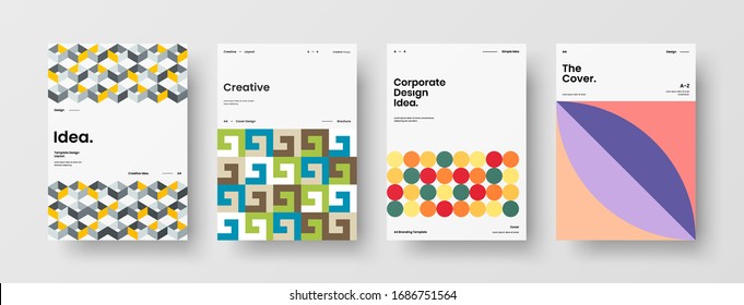 Business presentation vector A4 vertical orientation front page mock up set. Corporate report cover abstract geometric illustration design layout bundle. Company identity brochure template collection.