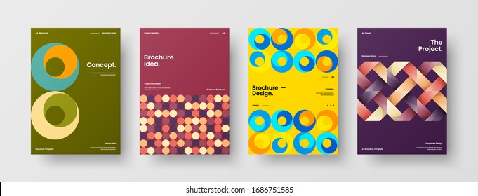 Business presentation vector A4 vertical orientation front page mock up set. Corporate report cover abstract geometric illustration design layout bundle. Company identity brochure template collection.