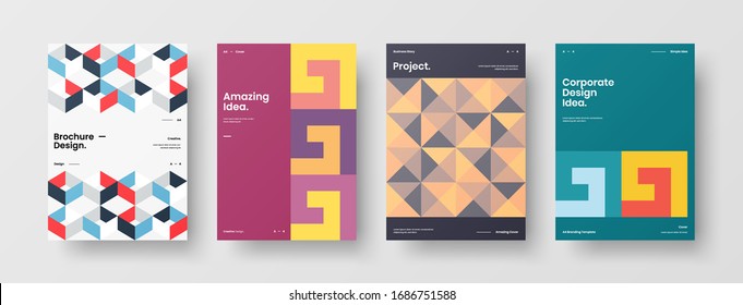 Business presentation vector A4 vertical orientation front page mock up set. Corporate report cover abstract geometric illustration design layout bundle. Company identity brochure template collection.