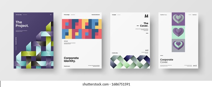 Business presentation vector A4 vertical orientation front page mock up set. Corporate report cover abstract geometric illustration design layout bundle. Company identity brochure template collection.