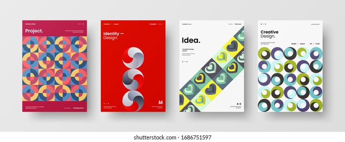 Business presentation vector A4 vertical orientation front page mock up set. Corporate report cover abstract geometric illustration design layout bundle. Company identity brochure template collection.