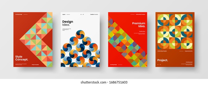 Business presentation vector A4 vertical orientation front page mock up set. Corporate report cover abstract geometric illustration design layout bundle. Company identity brochure template collection.
