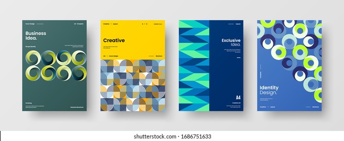 Business presentation vector A4 vertical orientation front page mock up set. Corporate report cover abstract geometric illustration design layout bundle. Company identity brochure template collection.