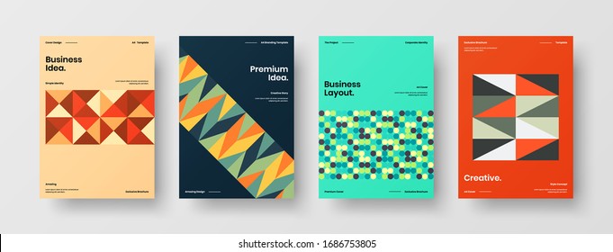 Business presentation vector A4 vertical orientation front page mock up set. Corporate report cover abstract geometric illustration design layout bundle. Company identity brochure template collection.