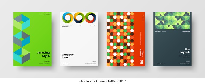 Business presentation vector A4 vertical orientation front page mock up set. Corporate report cover abstract geometric illustration design layout bundle. Company identity brochure template collection.