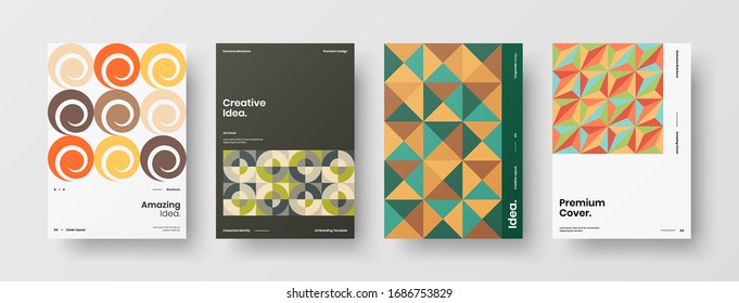 Business presentation vector A4 vertical orientation front page mock up set. Corporate report cover abstract geometric illustration design layout bundle. Company identity brochure template collection.