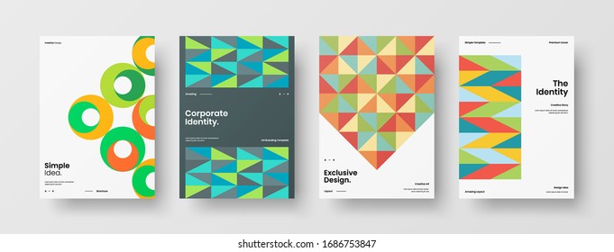 Business presentation vector A4 vertical orientation front page mock up set. Corporate report cover abstract geometric illustration design layout bundle. Company identity brochure template collection.