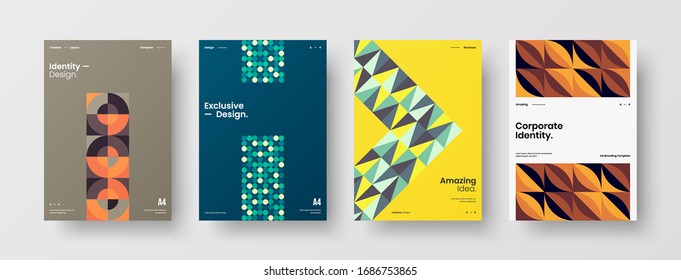 Business presentation vector A4 vertical orientation front page mock up set. Corporate report cover abstract geometric illustration design layout bundle. Company identity brochure template collection.